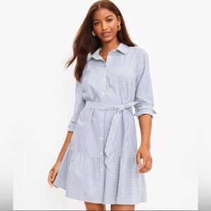LOFT Blue & White Striped Flounce Shirtdress | Size L | Coastal Preppy Style
